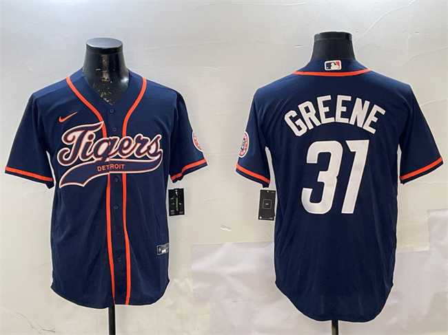 Men%27s Detroit Tigers #31 Riley Greene Navy With Patch Cool Base Stitched Jersey->detroit tigers->MLB Jersey